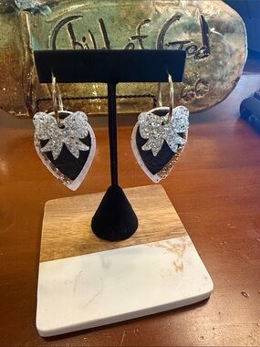 Sparkling Silver Bow Heart Dangle Earrings in Black and White